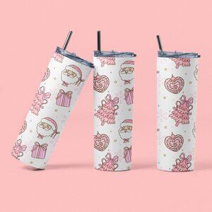 Pink Christmas Tumbler, Santa & Gifts Holiday Cup, Cute Xmas Skinny Tumbler
